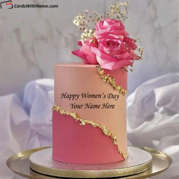 Stylish Pink Rose Flower Happy Womens Day Cake With Name Generator