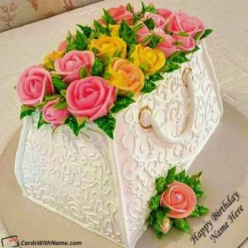 Colourful Flower In White Bag Birthday Cake With Name Writing