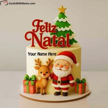 Cute Santa Feliz Natal Merry Christmas Cake with Name Image