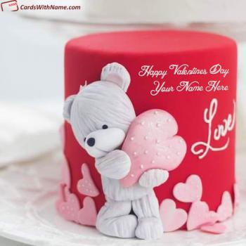 Cute Teddy Bear Holding Heart Happy Valentine Day Cake With Name Edit