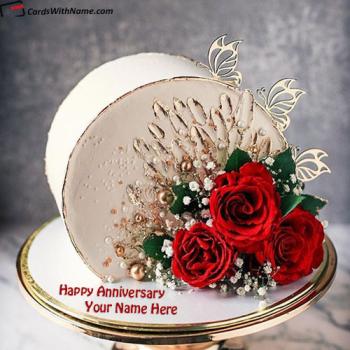 Elegant Anniversary Cake With Flowers For Husband With Name