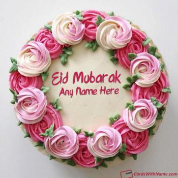 Flowers Decorated Eid Wishes Cake With Name