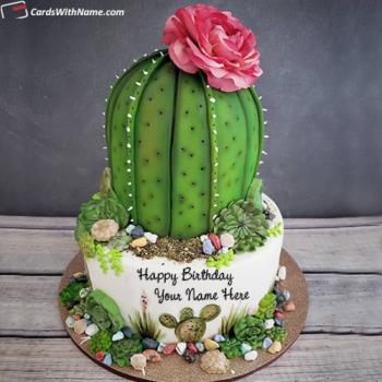 Pink Flower On Cactus Plant Birthday Cake Image With Name
