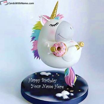 Unicorn In Clouds Eating Donut Birthday Cake