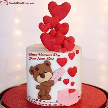 Valentine Teddy Bear Love Cake Image with Name Editor